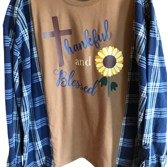 Reworked Flannel Shirt, Plus Size: Upcycled Oversized Thankful Blessed Graphic - Picture 6 of 10